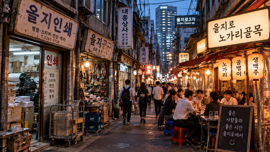Euljiro alley with old printing shops, Korean pubs, and evening crowds in Seoul