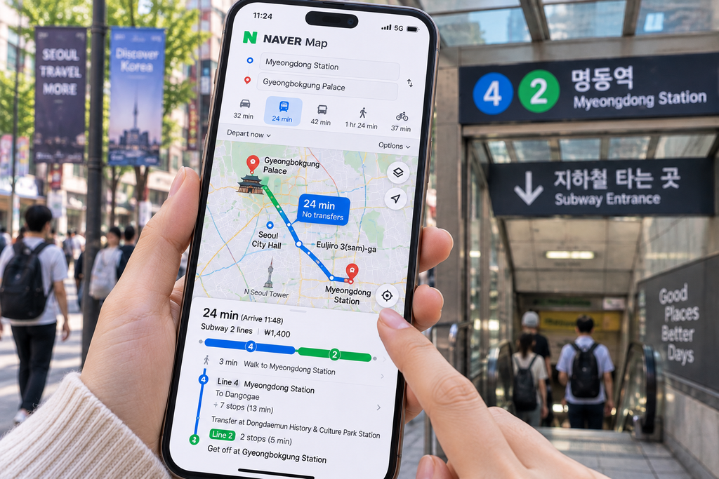 Traveler using NAVER Map to navigate public transportation in Seoul