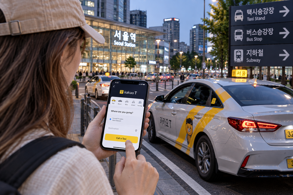 Tourist using Kakao T to call a taxi near Seoul Station in South Korea