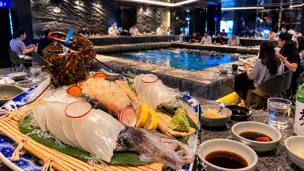 Fresh squid sashimi and seafood served beside the indoor seafood tank at Ika in Haeundae, Busan