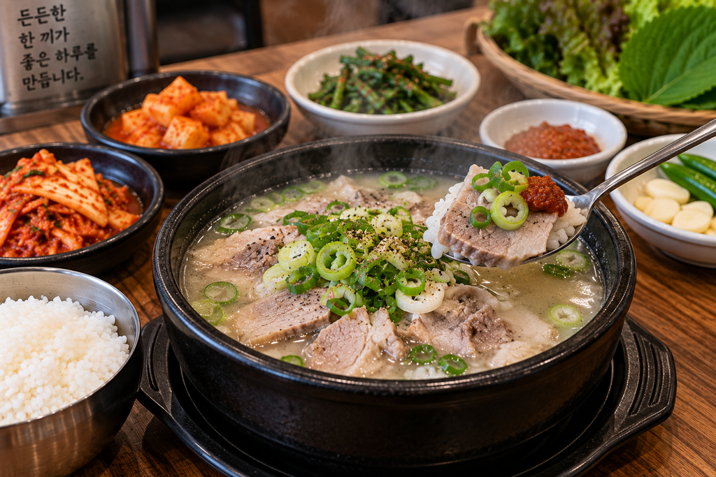 Korean dwaeji gukbap pork rice soup with sliced pork and green onions