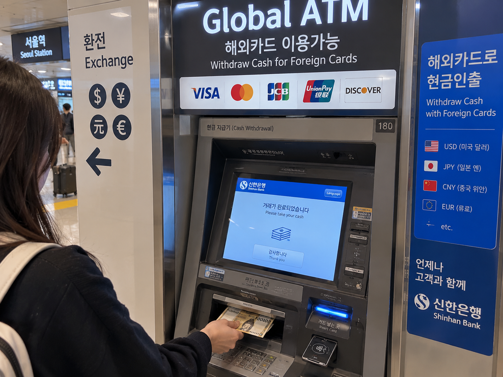 Tourist withdrawing Korean won from a Global ATM in South Korea