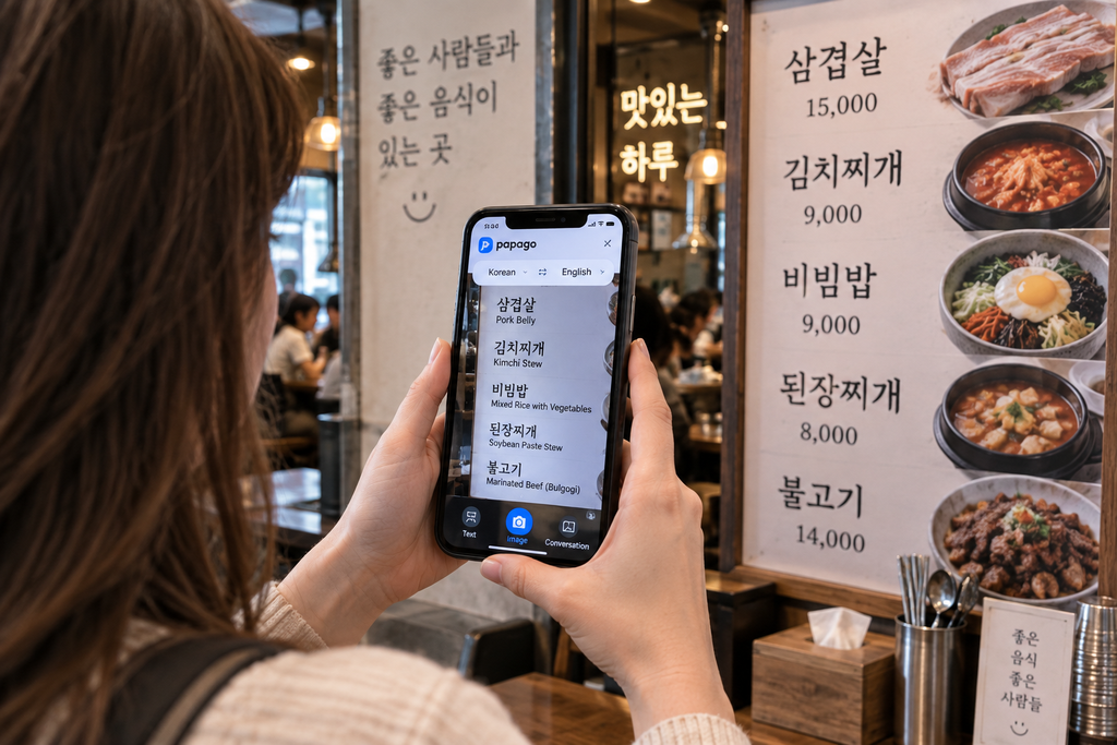 Tourist using Papago camera translation to read a Korean restaurant menu