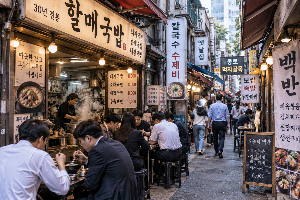 Local Korean restaurants filled with office workers in a traditional food alley in Seoul