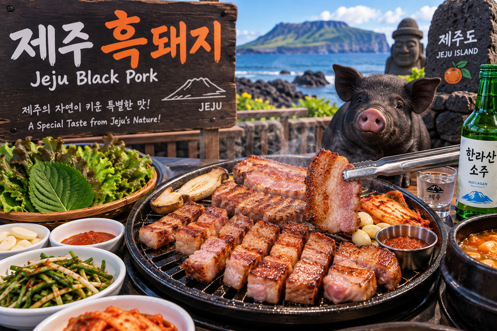 Jeju black pork grilled with kimchi and garlic on Jeju Island