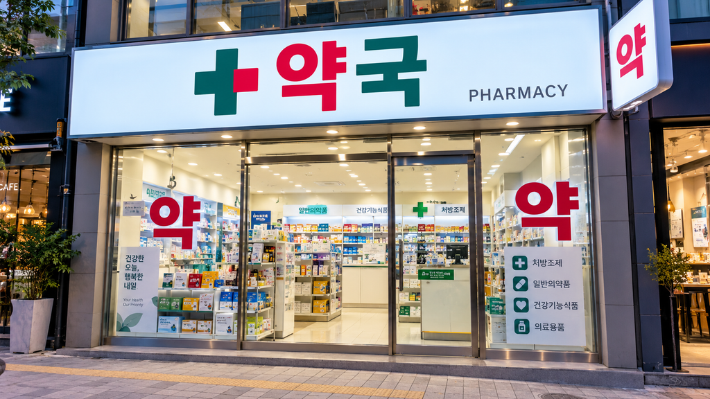 Modern Korean pharmacy storefront with medicine and health products in South Korea