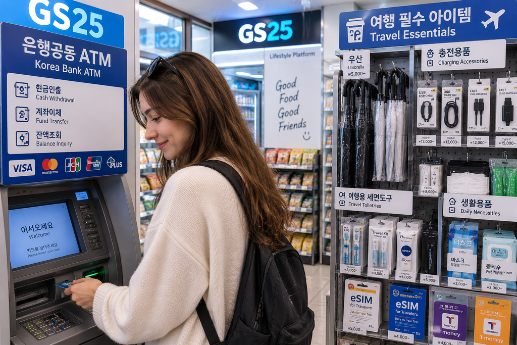 Traveler using an ATM next to travel essentials at a Korean convenience store