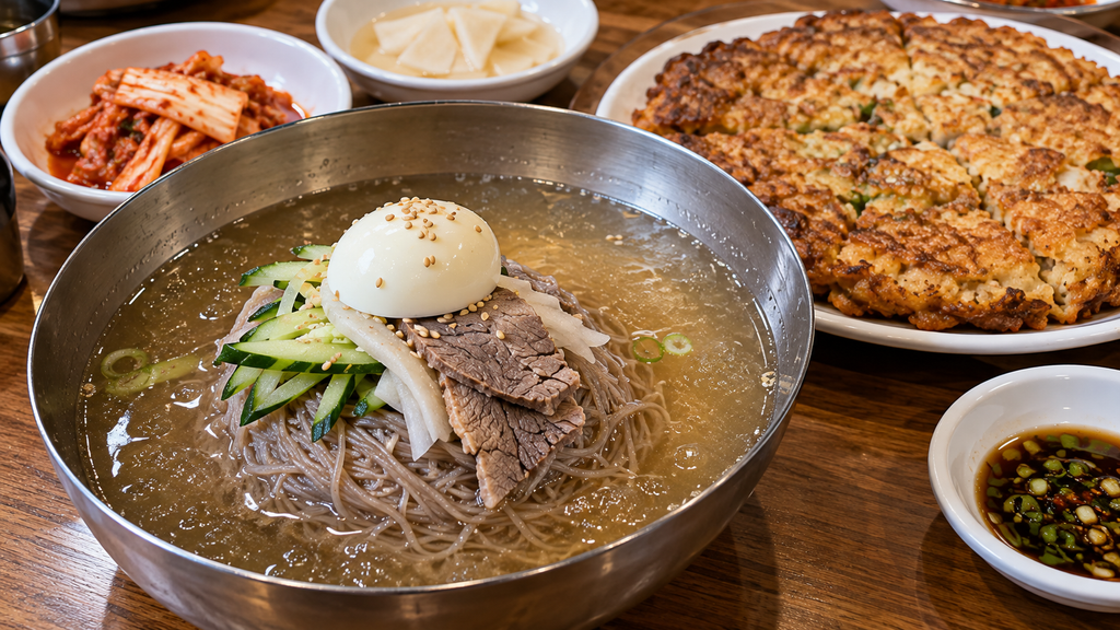 Pyeongyang-style naengmyeon with beef, cucumber and boiled egg at Yujin Sikdang in Jongno, Seoul