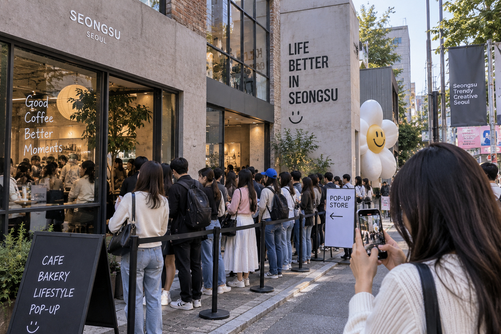 Travelers waiting in line at a popular cafe and pop-up store in Seongsu, Seoul