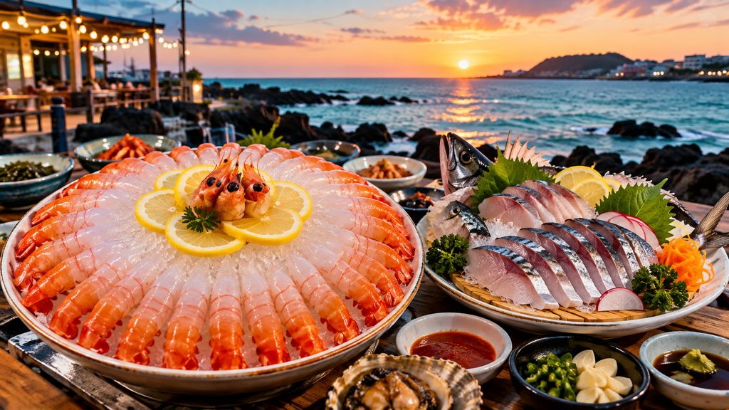 Jeju spot prawn sashimi and fresh mackerel sashimi at Yeogigossine in Jeju