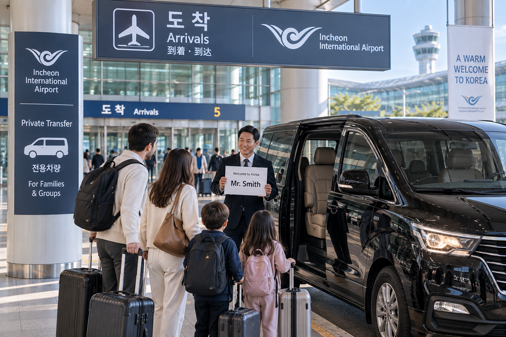 Family meeting a private airport transfer driver at Incheon International Airport