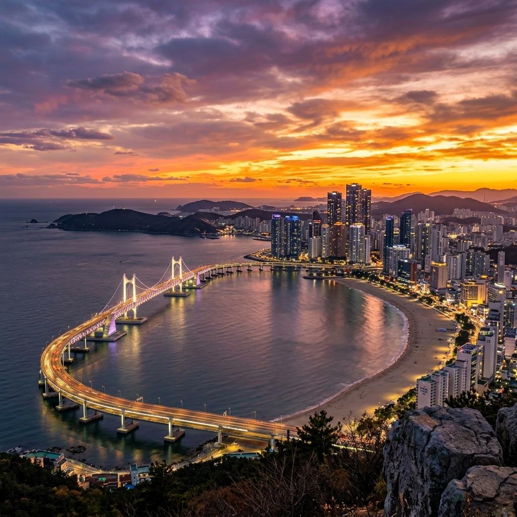 Busan skyline and Gwangandaegyo Bridge overlooking the coast