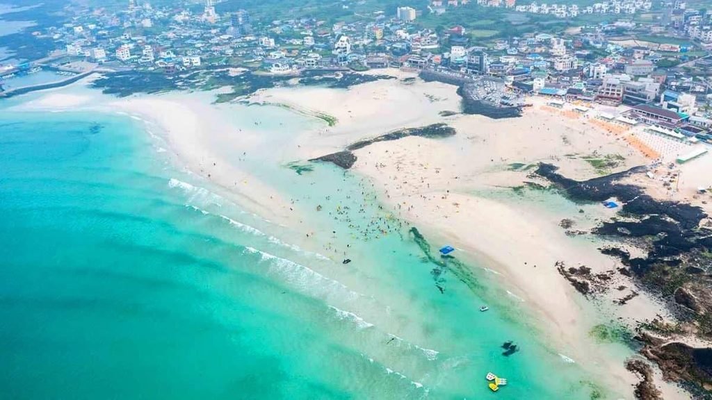 Hyeopjae Beach with clear water and Biyangdo Island in Jeju