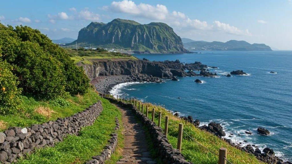 Jeju Olle Trail along the coast with volcanic stone walls and blue sea